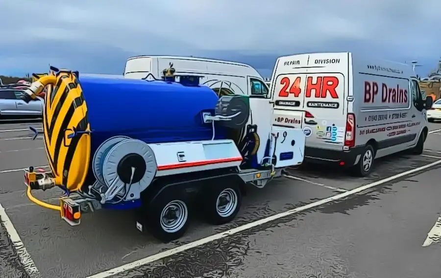 Blue maintenance vehicle with equipment, parked alongside a white service van marked "BP Drains" in a parking lot.